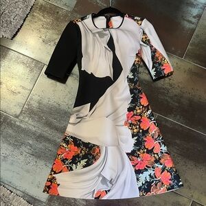 Clover Canyon Black and Orange floral scuba short sleeve dress XS